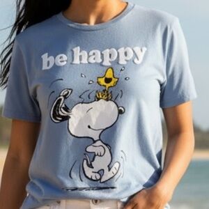 PEANUTS SNOOPY WOODSTOCK “BE HAPPY” GRAPHIC TEE Blue Short Sleeve Size L (11-13)